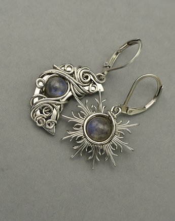 Asymetryczne kolczyki księżyc i słońce labradoryt wire wrapping, Agata Rozanska