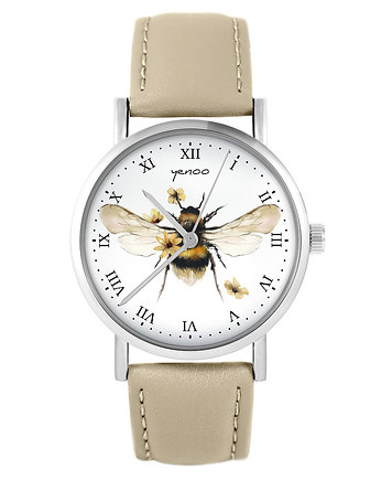 Zegarek yenoo - Bee natural - skórzany, beżowy, OSOBY - Prezent dla teścia