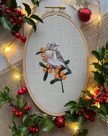 Tamborek Ptaki Zimy, prezent na Święta, haftowana Rudzik, MomoMabelHandembroidery
