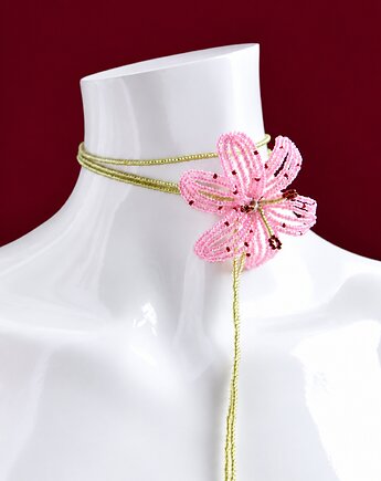 Liliowo - różowy naszyjnik choker z koralików, Hibiscus