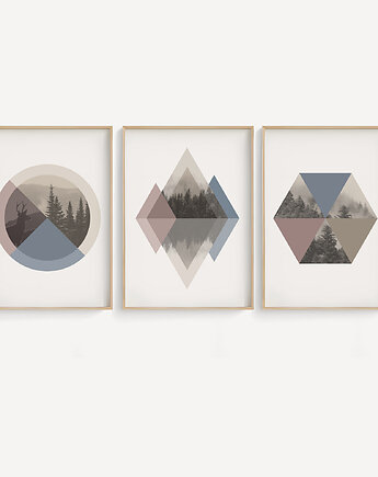 Zestaw 3 geometrycznych plakatów/grafik na ścianę, skandynawski styl., Grawisfera