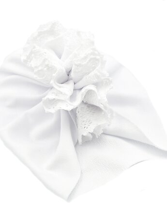 Turban czapeczka bawełniana biała z koronką na chrzest, FairyBows