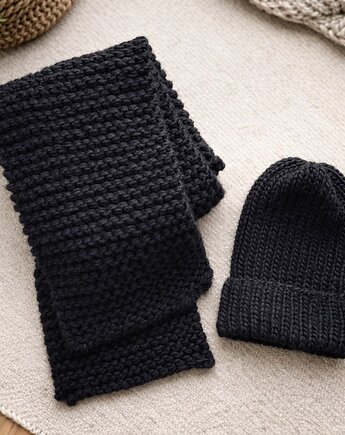 Zestaw czarny czapka szalik miękka i ciepła wełna handmade, GANGSTA KNIT