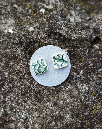 Kolczyki ceramiczne w zielone wzory, biżuteria z talerzy