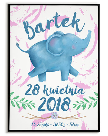 Plakat METRYCZKA z imieniem dziecka SŁONIK, Bajkowe Obrazki