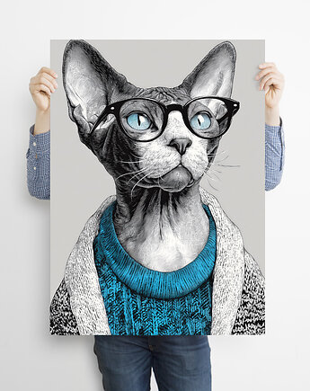 Kot w niebieskim swetrze - grafika na plakacie, JBJart Justyna Jaszke