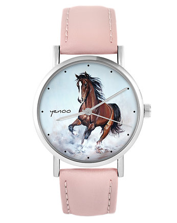 Zegarek - Brązowy koń - skóra, pudrowy róż, yenoo