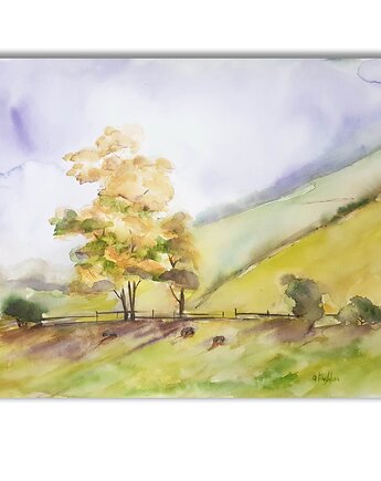 Akwarela ręcznie malowana "Pejzaż górski", Galeria Alma