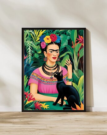 PLAKAT Frida Kahlo z kotem, zabawny prezent dla kociary, black dot studio