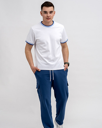 T-shirt męski  biały   ze ściągaczem niebiesko/granatowym, 3 for U