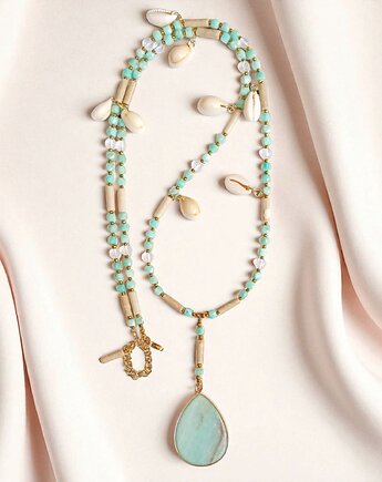 UNIKATOWY długi naszyjnik: pastelle summer: amazonit, muszle, kaktusia