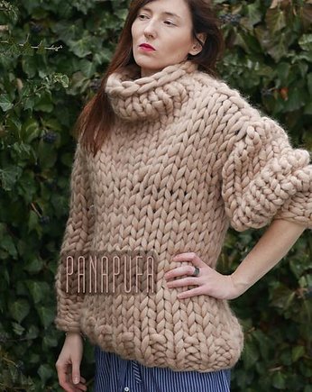 Sweter na drutach oversize 100% wełna, PANAPUFA
