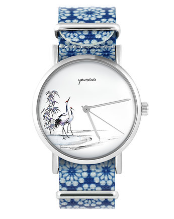 Zegarek - Japońskie żurawie - niebieski, kwiaty, yenoo