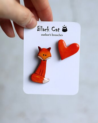 Komplet broszek Lisek + serduszko. Ręcznie malowane, Black Cat