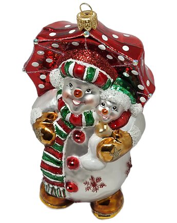 Ręcznie malowana szklana bombka bałwanek z czerwonym parasolem w kropki, STARGLASS