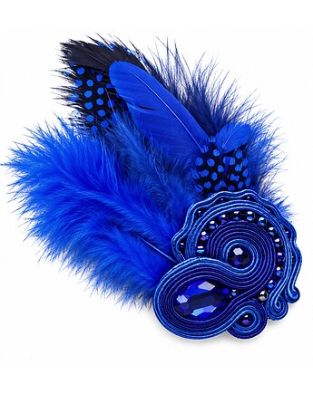 Kobaltowa broszka soutache z piórami, Mró Soutache