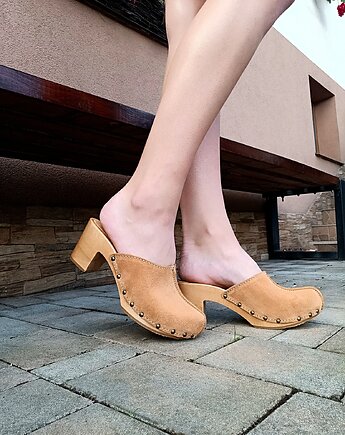 Drewniaki na obcasie ze skóry naturalnej i drewna, MKclogs