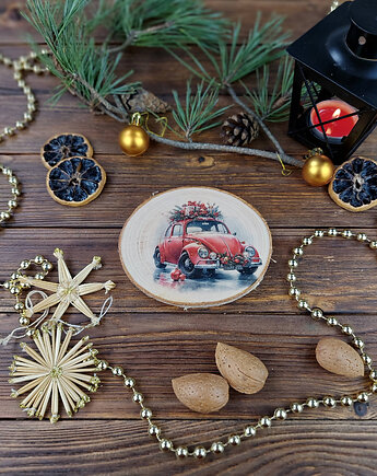 Brzozowa podkładka pod kubek, świąteczna zawieszka - auto, Manufa