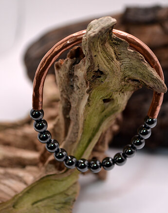 Bransoletka miedziana handmade z koralikami: hematyt, FutharkCopper