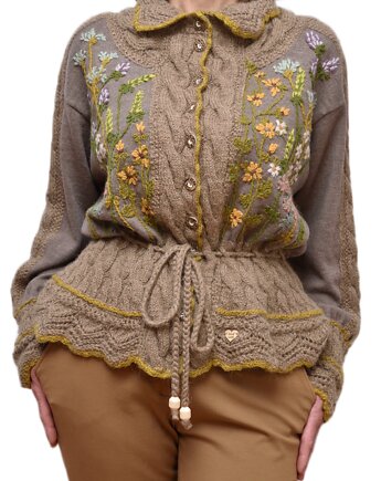 Kardigan w kolorze nugatowym z warkoczami i haftami, rozmiar L/XL, Z drugiej nitki