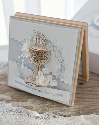 Personalizowana pamiątka Pierwszej Komunii Świętej w drewnianym pudełku, Osobiste Prezenty