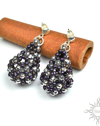 Ażurowe krople z hematytu VII, kolczyki, beading, Sol