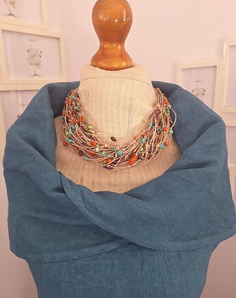 Naszyjnik lniany z kolorowym drewnem.Zimisty, cynamonn