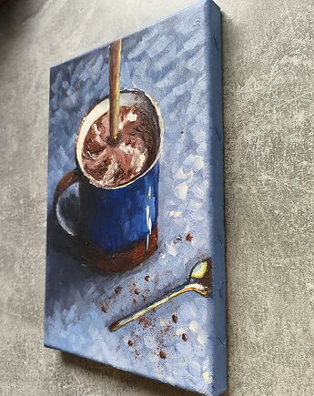 Poranna chwila Obraz olejny kawa czekolada 20x30 płótno, kkjustpaint Karolina Kamińska