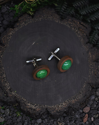 Drewniane spinki do mankietów z kamieniem / zielony jadeit, Metal Earth Jewelry