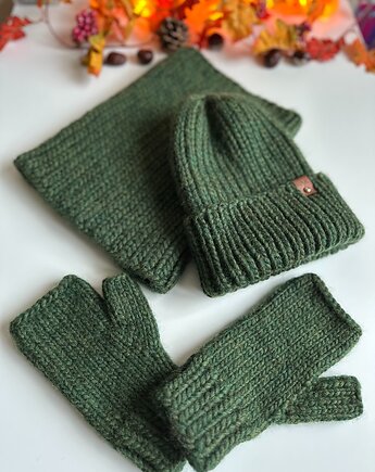 Komplet wełniany - czapka, komin i mitenki - zielony, Kocie Motki