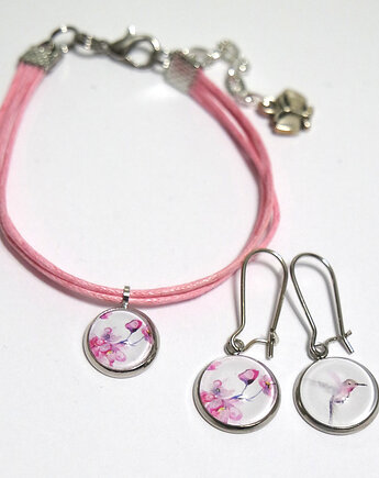 Komplet - Kwiat wiśni, koliber - sznureczki, różowy, stal, yenoo