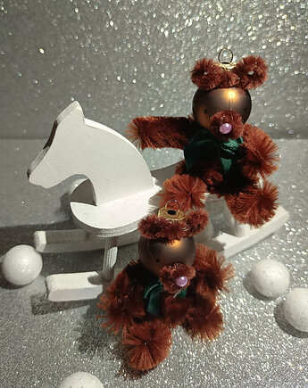 Zabawki choinkowe - misie brunatne w stylu PRL, handmade, 2 szt., Niebieski Zagajnik