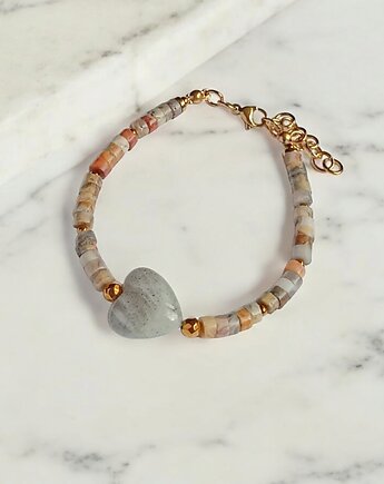 Serce z labradorytu, agat : bransoletka regulowana, kaktusia