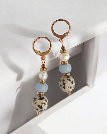 Anielskie kolczyki : angelit, perły, jaspis : zamknięte bigle, kaktusia