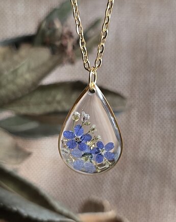 Złoty wisiorek prawdziwe kwiaty zawieszka łezka łza niezapominajki, zkwiatem