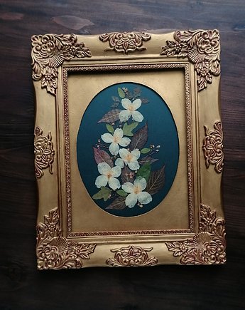 Obraz, kompozycja z kwiatów, styl vintage w  złotych ramach., Niebieski Zagajnik