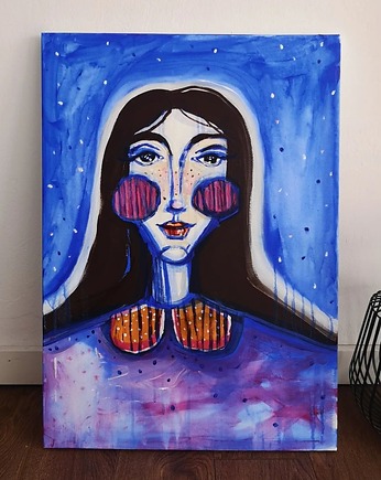 Obraz ręcznie malowany na płótnie 70x50 cm - Pani zagubiona w kosmosie, Kasia Kulicka