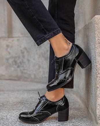 OKSFORDKI NA 6 CM SŁUPKU - SKÓRA NATURALNA - MODEL 251-CZARNY NAPLAK+BIAŁY, Zapato