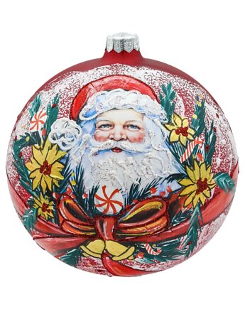 Bombka okrągła czerwona: Święty Mikołaj w świątecznym wieńcu, Syn Bombkarza