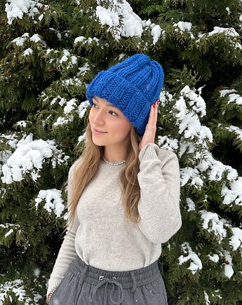 Gruba wełniana czapka beanie 100% wełna handmade kobalt niebieska