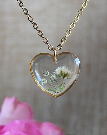 Złoty wisiorek prawdziwe kwiaty zawieszka serce serduszko gipsówka, zkwiatem