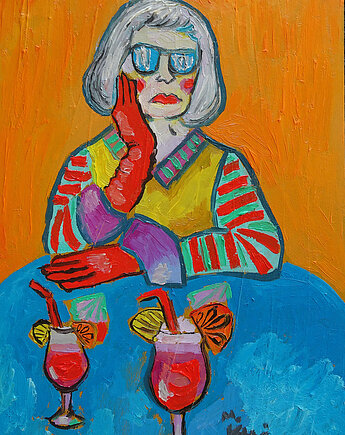 Obraz ręcznie malowany portret babcia z drinkiem, alice oil on canvas