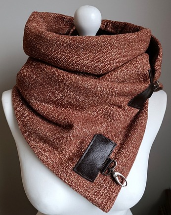 Szal wełniany ze skórą, Komin Unisex Brązowy, Green Sheep