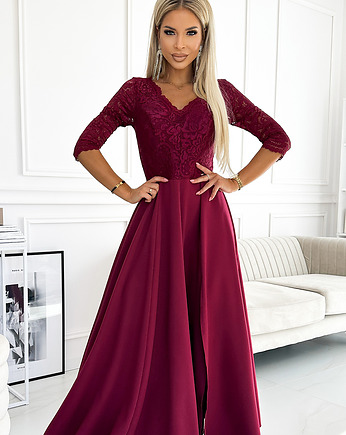 309-9 AMBER elegancka koronkowa długa suknia BORDOWA, NUMOCO