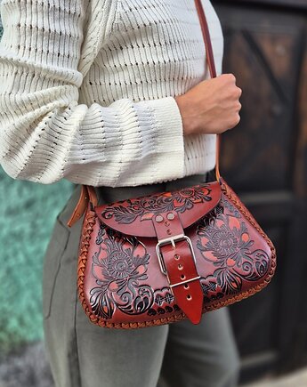 Torebka skórzana Folklora brązowa kwiaty ręcznie robiona, SempreArte