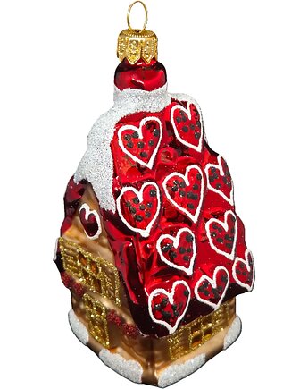 Ręcznie Malowana Szklana Bombka Domek Miłości z Czerwonym Dachem i Sercami, STARGLASS