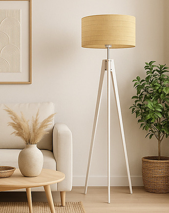 Drewniana lampa stojąca trójnóg z rattanowym kloszem HAITI BOHO, LYSNE