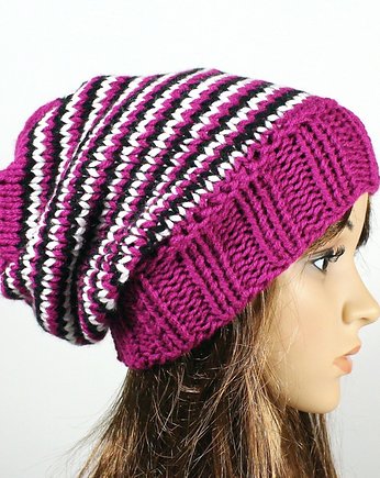 Czapka beanie hipster krasnal amarantowa w paseczki, RękaProduction