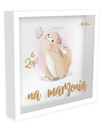 Ramka Skarbonka - Na marzenia - króliczek z motylkiem - z imieniem dziecka, Ramka Skarbonka