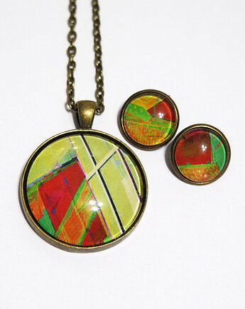 Naszyjnik i klipsy - komplet - Kolorowa abstrakcja, brąz, yenoo